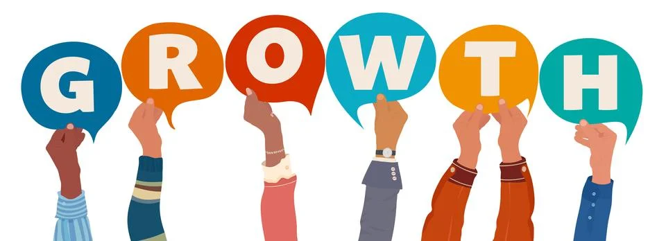 Hands raising speech bubbles that form the word growth in a business concept Stock Illustration