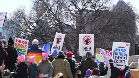 Hands off rally protesting Trumps new policies after returning to office. Video stock 306267374