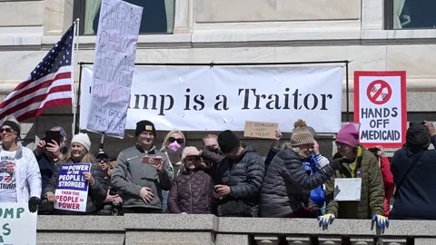 Hands off rally protesting Trumps new policies after returning to office. Video stock 306267386