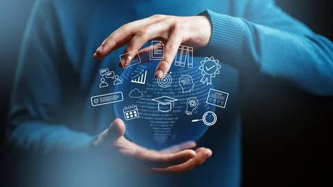 Hands reach out to interact with digital learning tools in a virtual environment Stock Photos