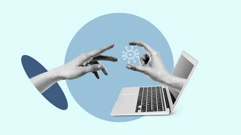 Hands reach for technology in a digital connection scene with a laptop and icon Stock Photos