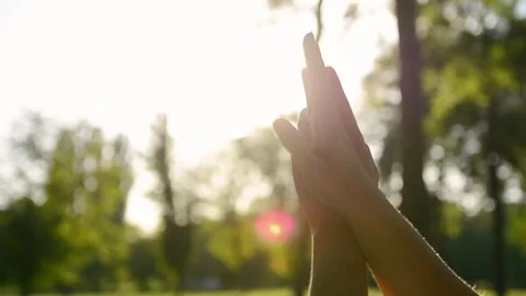 Hands reaching and moving towards bright sun in a natural outdoor setting. .. Vidéo 335156524