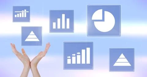 Hands reaching for business chart statistic icons Stock Photos