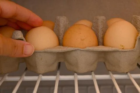 Hands reaching for eggs in a carton Fotos de archivo