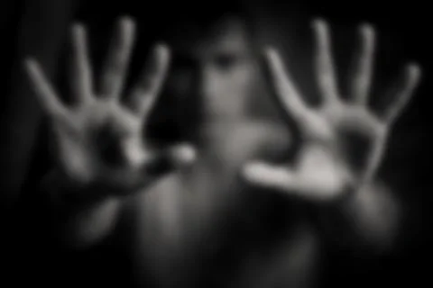 The Hands Reaching Forward in Dramatic Black and White Portrait with Blurre.. Stock Photos
