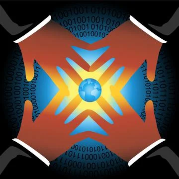 Hands reaching for globe surrounded with binary code, illustration Stock Illustration
