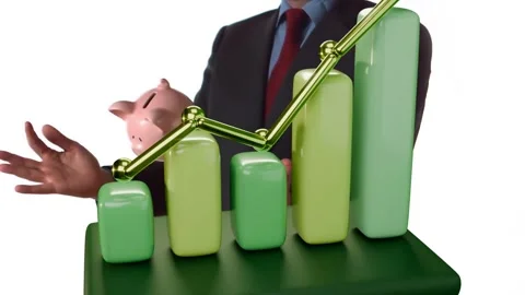 Hands reaching host holding platform while blocks forming rising chart and piggy Stock Footage 340674673