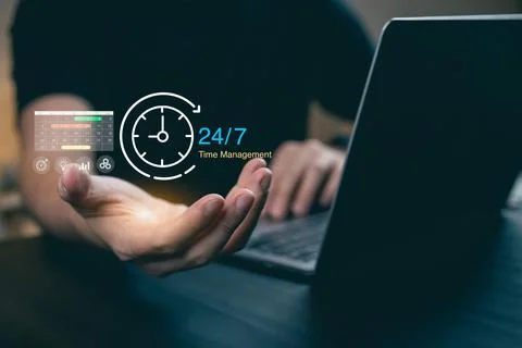 Hands Reaching Out for Effective Time Management with Digital Clock and Gra.. Stock Photos