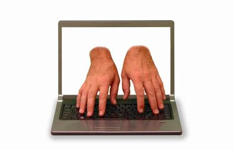 Hands reaching out of laptop display Foto stock