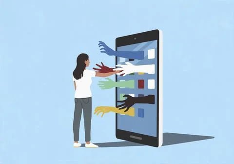 Hands reaching out from smart phone toward woman using mobile apps, touching Stock Illustration