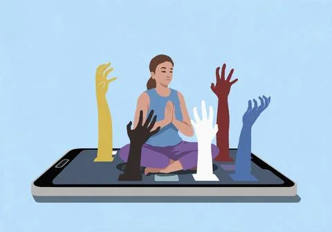Hands reaching up from smart phone screen, trying to distract serene woman Stock Illustration