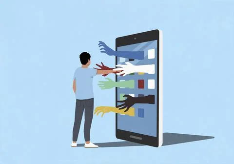 Hands reaching from smart phone toward man using mobile apps, touching screen Stock Illustration