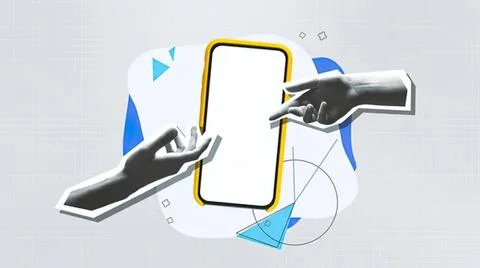 Hands reaching for smartphone with abstract background Stock Photos