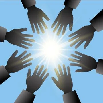 Hands reaching for the sun with blue sky and light rays Stock Illustration