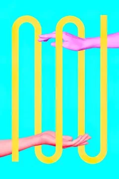 Hands reaching through yellow bars on bright blue background Stock Photos