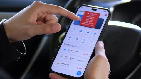 Hands react to a sudden security alert in a banking app, showing confusion and Stock Footage 316038747