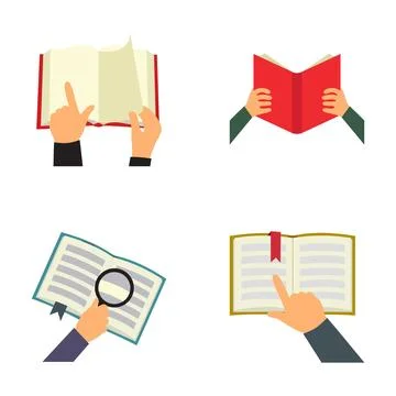 Hands reading and interacting with open books icon set Stock Illustration