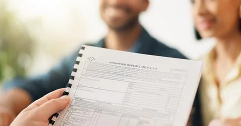 Hands, realtor and reading document with couple, finance advice and applica.. Stock Photos