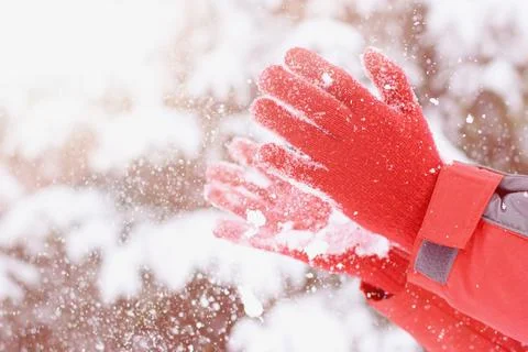 Hands in red gloves playing with fresh snow Stock Photos