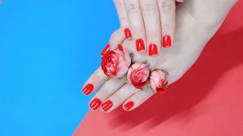 Hands with red manicure on blue and red background top view close-up. Stock Footage 221312222