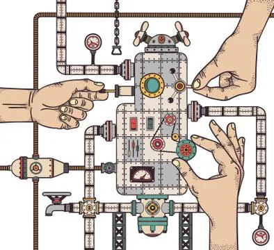 Hands regulate steampunk machine Illustrazione stock