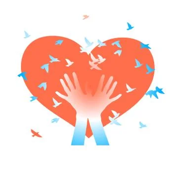 Hands release a flock of birds on the background of a pink heart romantic ico Stock Illustration