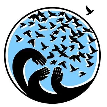 Hands releasing a flock of birds. Vector illustration Stock Illustration
