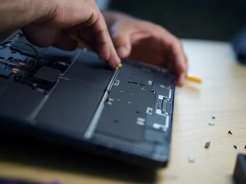 Hands Repairing an Opened Laptop Computer With Precision Tools Stock Photos