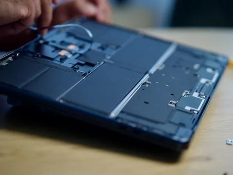 Hands Repairing an Opened Laptop Computer With Precision Tools Stock Photos
