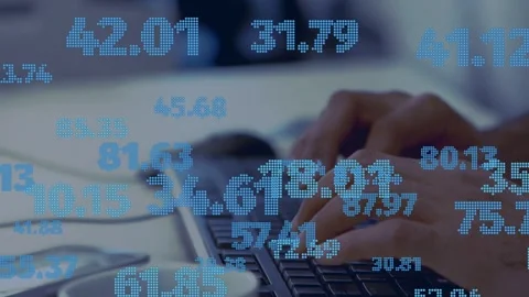 Hands resting, pressing keys, typing and moving while blue numbers shifting for Stock Footage 334694390