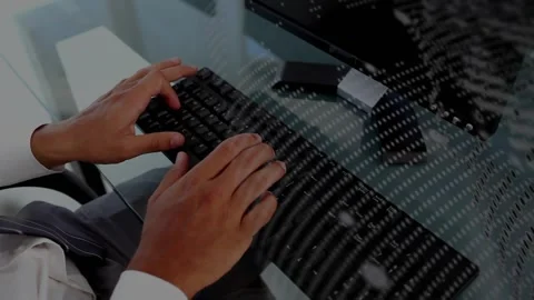 Hands resting then starting typing while binary overlay moving across glass, Stock Footage 330191976