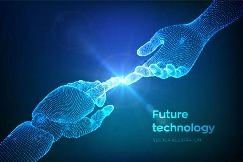 Hands of Robot and Human Touching. Cyborg finger about to touch human finger. Stock Illustration