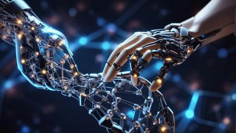 Hands of robot and human touching on dna connecting in virtual interface on.. Stock Photos