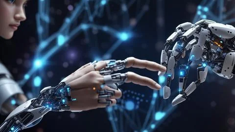 Hands of robot and human touching on dna connecting in virtual interface on.. Stock Photos
