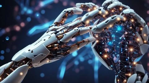 Hands of robot and human touching on dna connecting in virtual interface on.. Foto stock