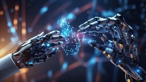 Hands of robot and human touching on dna connecting in virtual interface on.. Stock Photos