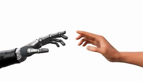 Hands of robot and human touching Stock Photos