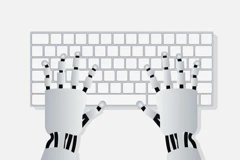 Hands of robot on computer keyboard Stock Illustration