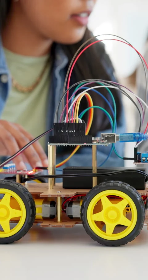 Hands, robotics and discussion in school for students, learning or future Stock Footage 334039932
