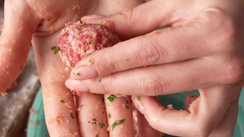 Hands roll and shape a seasoned ground meat mixture. Stock Footage 255664735