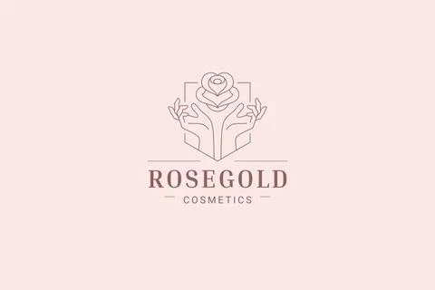 Hands with rose flower in geometric frame line art logo design template vec.. Stock Illustration