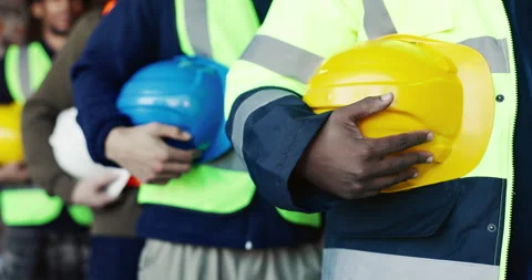 Hands, row and people with hard hat for construction, safety and ppe briefing Stock Footage 336804483