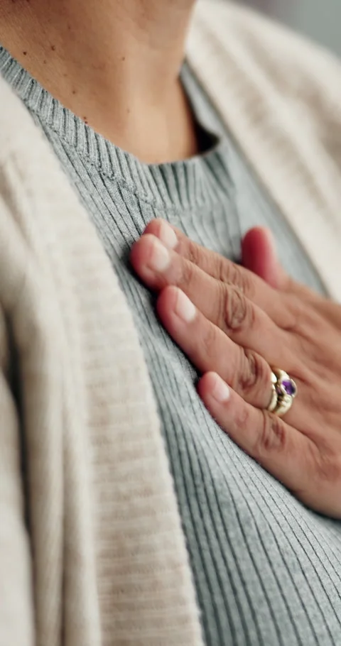 Hands, rub and chest pain in home for illness with virus, flu symptoms or relief Stock Footage 336593572