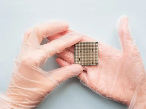 Hands in rubber glove with Central Computer Processor. CPU on light blue back Stock Photos