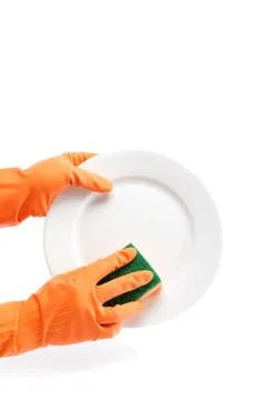 Hands in rubber gloves can sponge the plate on a white background. Stock Photos
