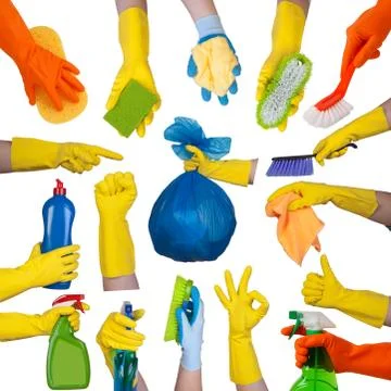 Hands in rubber gloves doing housework Stock Photos