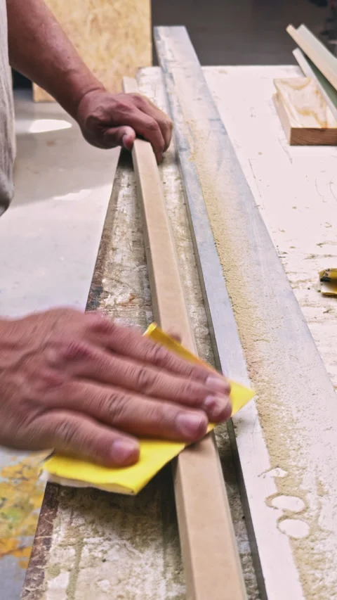 Hands sanding wooden strip in workshop Stock Footage 337550876