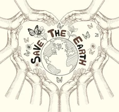 Hands Save The Earth Drawing Conceptual. Stock Illustration