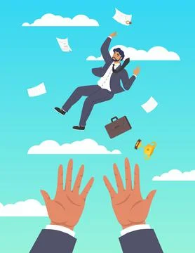 Hands saving falling businessman, flat vector illustration. Business support Illustrazione stock