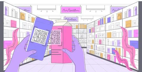 Hands scanning QR code on milk package electronic digital technology definition Stock Illustration